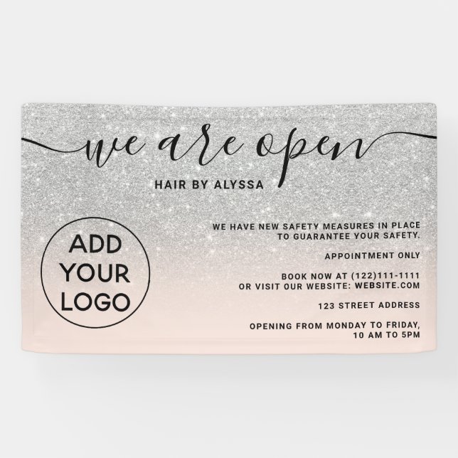 Silver Glitzer Ober Logo rot Rosa Wir sind offen Banner (Horizontal)