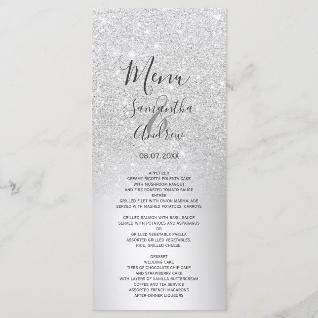 Silver Glitzer Ober metallische Folie Hochzeitsmen Menükarte (Vorderseite)