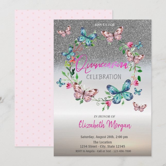 Silver Glitzer Ombre, Butterfly Dots Quinceanera Einladung (Vorne/Hinten)