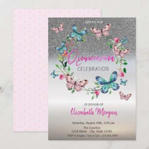 Silver Glitzer Ombre, Butterfly Dots Quinceanera Einladung