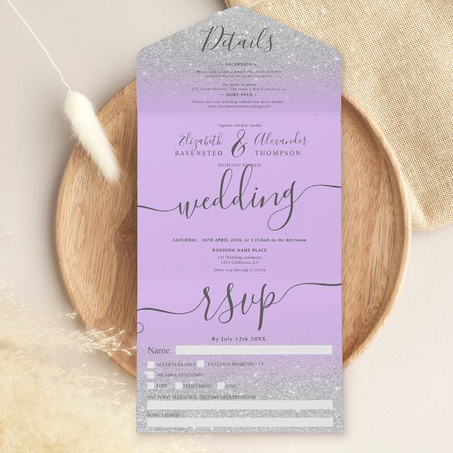 Silver Glitzer ombre lavender script All In One Einladung (Von Creator hochgeladen)