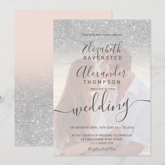 Silver Glitzer ombre rosa Drehbuch Foto Hochzeit Einladung (Vorne/Hinten)