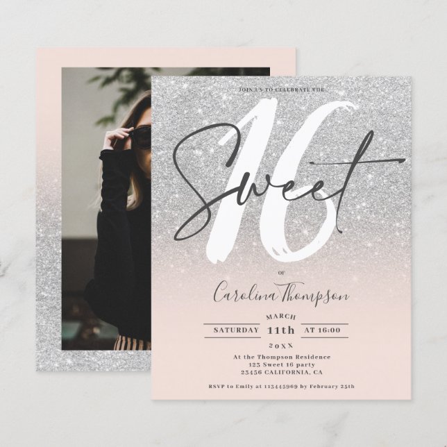 SIlver Glitzer ombre rosa Foto Budget Sweet 16 (Vorne/Hinten)