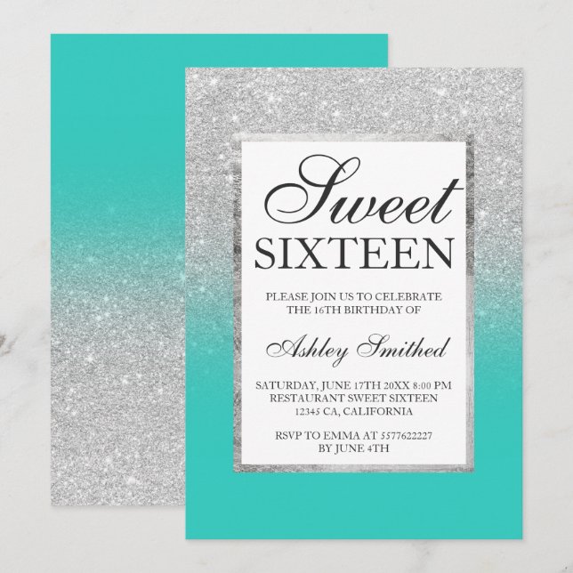 Silver Glitzer ombre türkis Chic Sweet 16 Einladung (Vorne/Hinten)