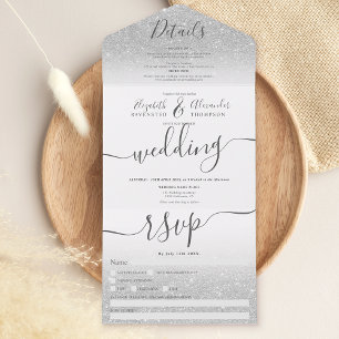 Silver Glitzer ombre white script wedding All In One Einladung