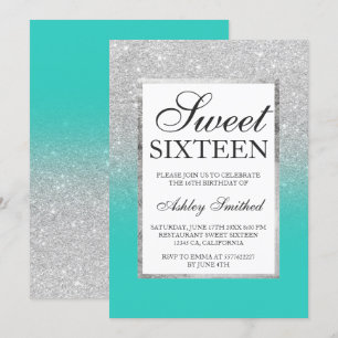 Silver Glitzer Omelett Türkis Chic Sweet 16 Einladung