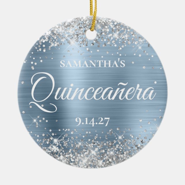 Silver Glitzer Pale Blue Quinceañera Foto Keramik Ornament (Vorne)