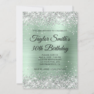 Silver Glitzer Pale Mint Monogram 30. Geburtstag Einladung