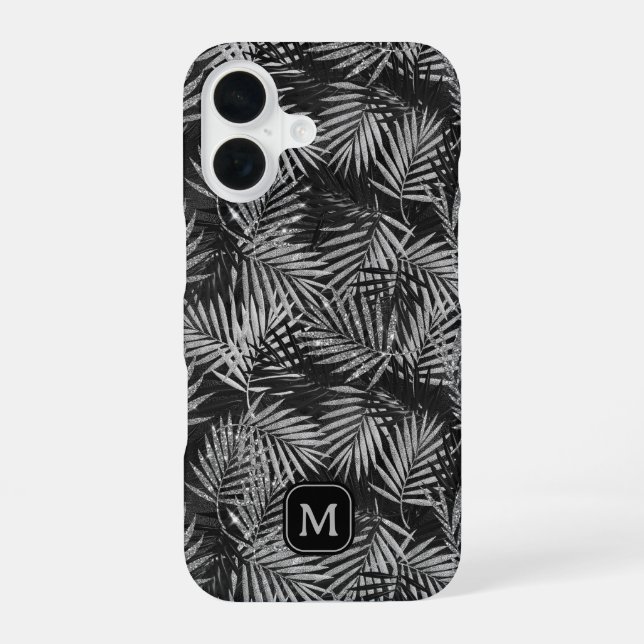 Silver Glitzer Palm Tree Black Modern Monogram iPhone 16 Hülle (Rückseite)