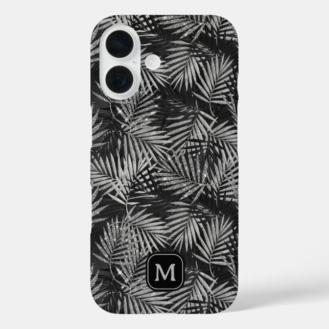 Silver Glitzer Palm Tree Black Modern Monogram iPhone 16 Hülle (Rückseite)
