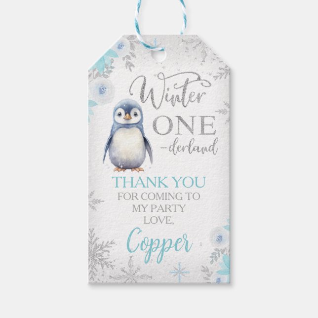 Silver Glitzer Penguin Winter Onederland Geburtsta Geschenkanhänger (Vorderseite)