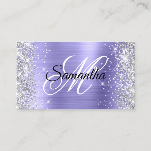 Silver Glitzer Periwinkle Foil Extravagant Monogra Visitenkarte (Vorderseite)