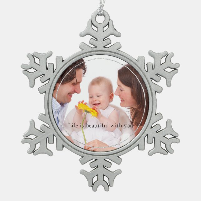 Silver Glitzer Personalisiertes Foto und Zitat Schneeflocken Zinn-Ornament (Vorderseite)