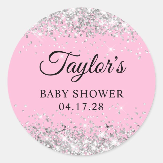 Silver Glitzer Pink Baby Dusche Runder Aufkleber (Vorderseite)