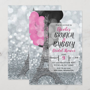 Silver Glitzer Pink Black Balloons Eiffelturm Einladung