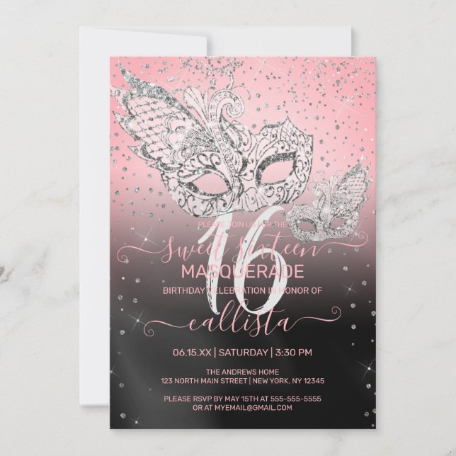 Silver Glitzer Pink Black Masquerade Sweet 16 Einladung (Vorderseite)