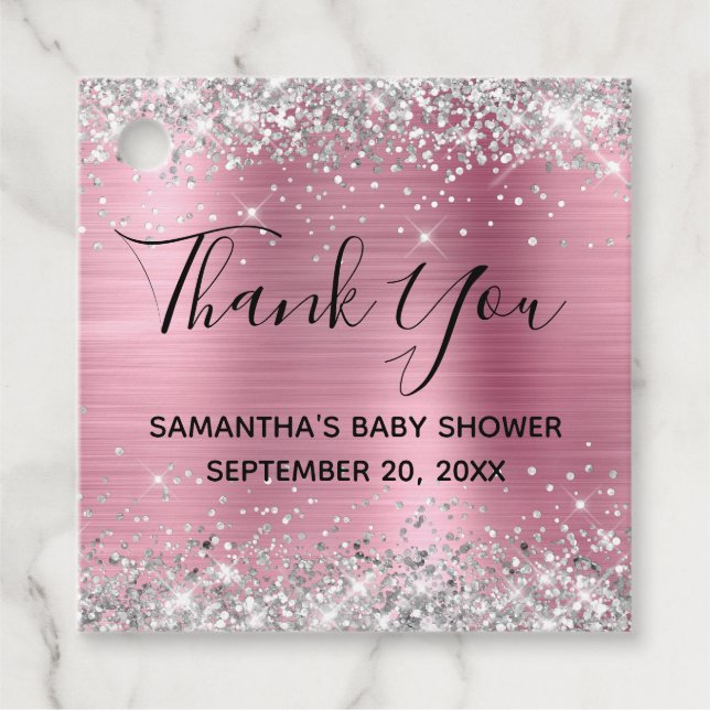 Silver Glitzer Pink Foil Babydusche Danke Geschenkanhänger (Vorderseite)