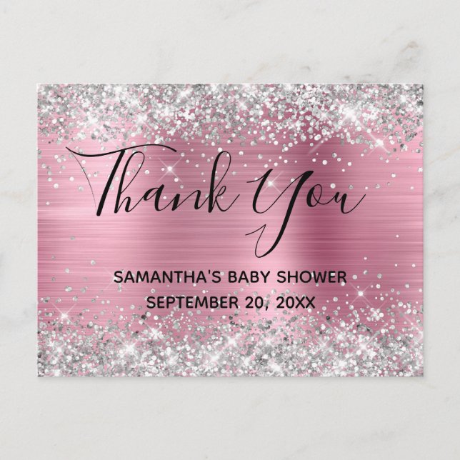 Silver Glitzer Pink Foil Babydusche Danke Postkarte (Vorderseite)