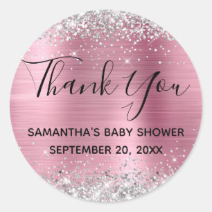 Silver Glitzer Pink Foil Babydusche Danke Runder Aufkleber