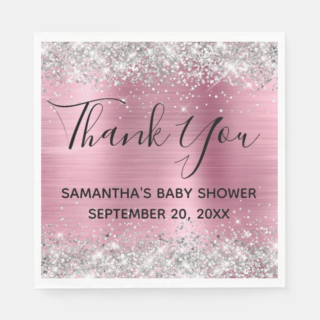 Silver Glitzer Pink Foil Babydusche Danke Serviette (Vorderseite)
