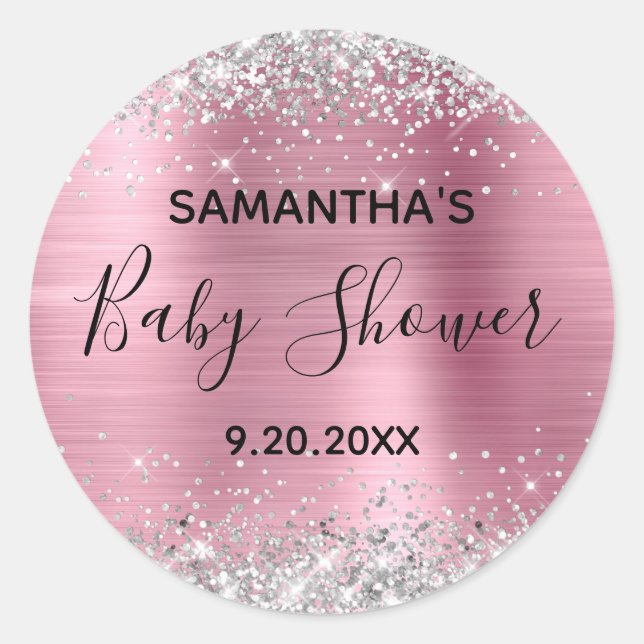 Silver Glitzer Pink Foil Babydusche Runder Aufkleber (Vorderseite)