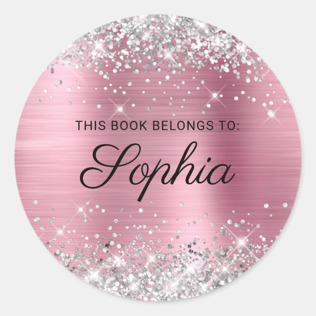 Silver Glitzer Pink Foil Elegantes Kalligraphie Bu Runder Aufkleber (Vorderseite)