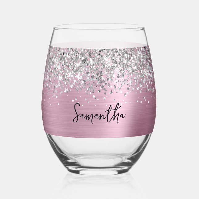 Silver Glitzer Pink Glam Name Weinglas Ohne Stiel (Vorderseite)