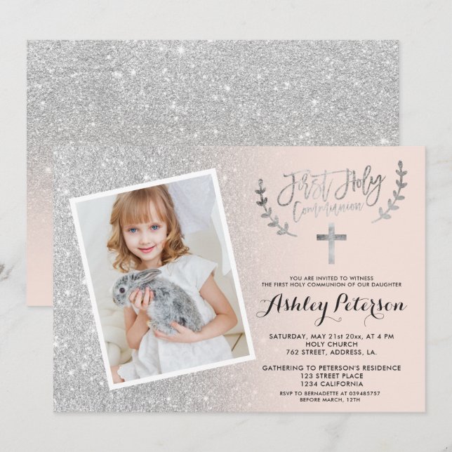 Silver Glitzer Pink ombre erste Kommunion Foto Einladung (Vorne/Hinten)