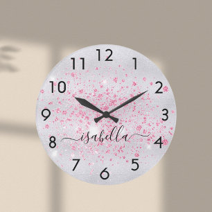 Silver Glitzer Pink Staub Metal Namensschrift Große Wanduhr