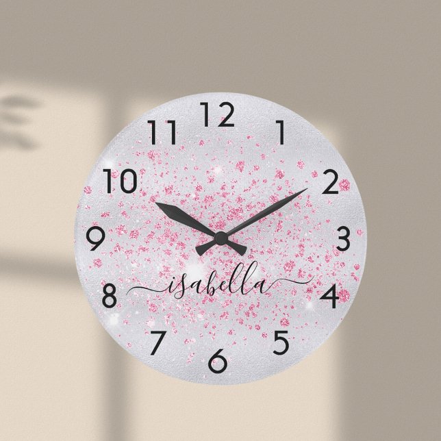 Silver Glitzer Pink Staub Metal Namensschrift Große Wanduhr (Von Creator hochgeladen)
