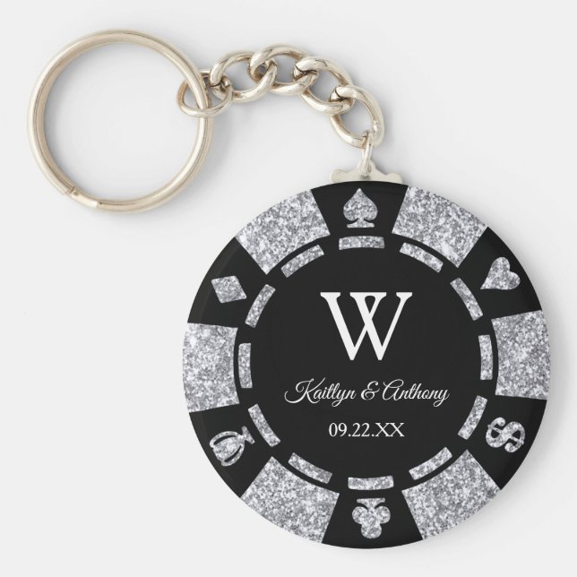 Silver Glitzer Poker Chip Casino Gastgeschenk Hoch Schlüsselanhänger (Vorne)