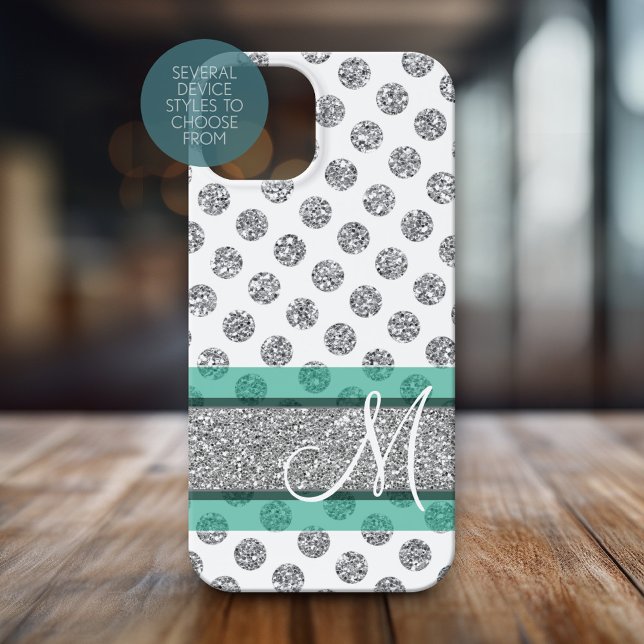 Silver Glitzer Polka Dot Muster mit Monogramm iPhone 16 Plus Hülle (Personalized Phone Case with Huge Monogram)