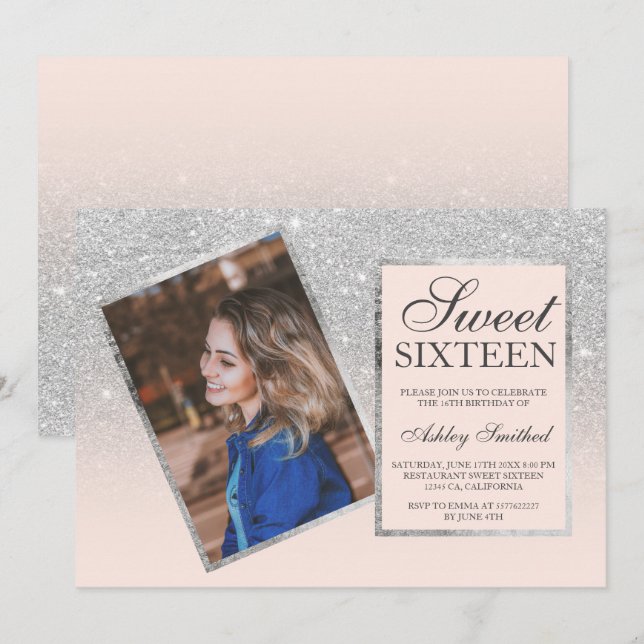 Silver Glitzer Rahmen rot ombre Foto Sweet 16 Einladung (Vorne/Hinten)