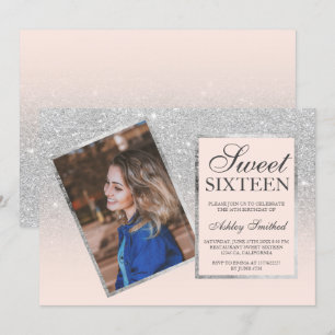 Silver Glitzer Rahmen rot ombre Foto Sweet 16 Einladung