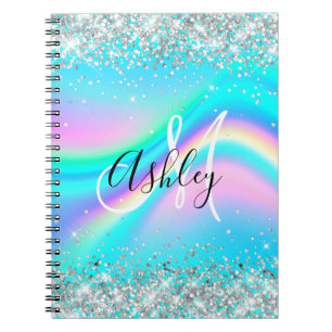 Silver Glitzer Rainbow Wave Aqua Ombre Monogram Notizblock