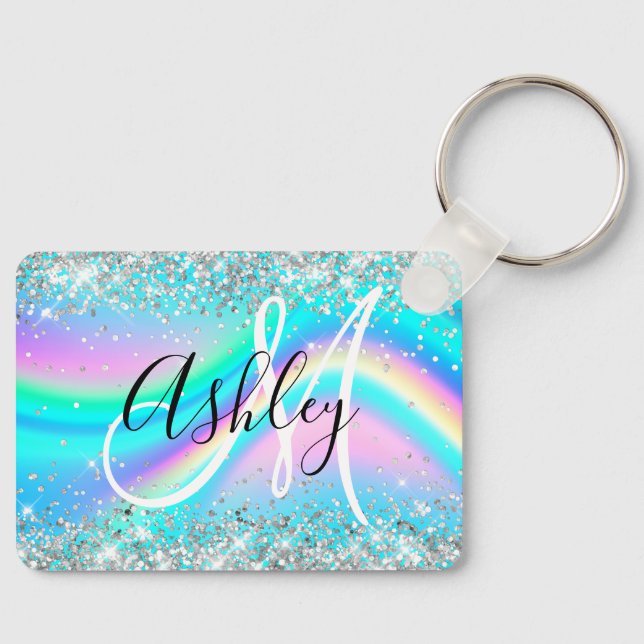 Silver Glitzer Rainbow Wave Aqua Ombre Monogram Schlüsselanhänger (Vorderseite)
