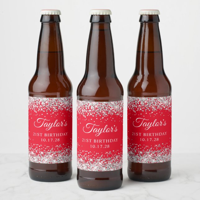 Silver Glitzer Red 21. Geburtstag Bierflaschenetikett (Flaschen)