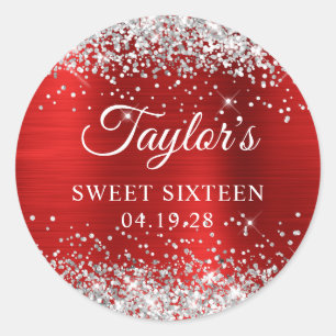Silver Glitzer Red Foil 16 . Geburtstag Runder Aufkleber