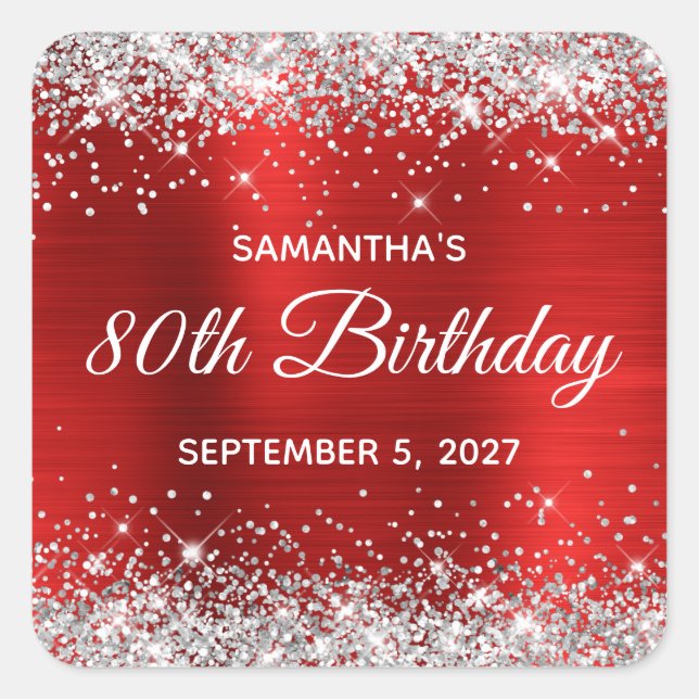Silver Glitzer Red Foil 80. Geburtstag Quadratischer Aufkleber (Vorderseite)