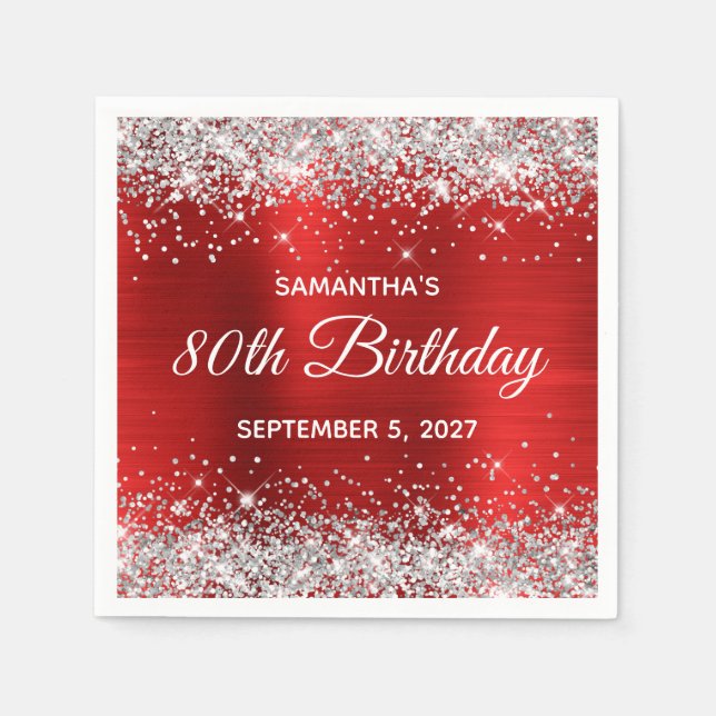 Silver Glitzer Red Foil 80. Geburtstag Serviette (Vorderseite)