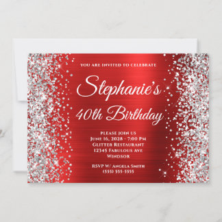 Silver Glitzer Red Foil Monogram 40. Geburtstag Einladung