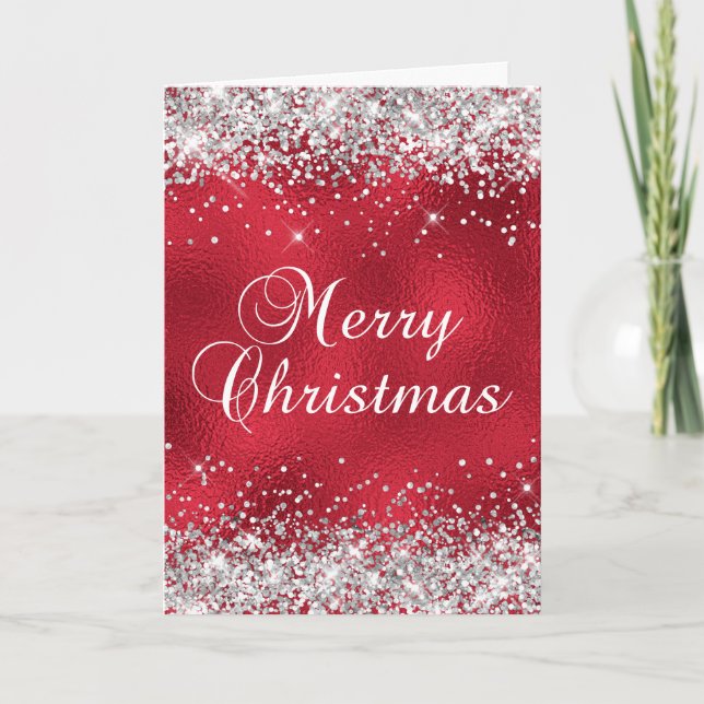 Silver Glitzer Red Glass Foil Frohe Weihnachten Karte (Vorderseite)