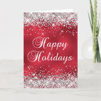 Silver Glitzer Red Glass Foil Happy Holidays Karte
