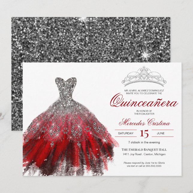 Silver Glitzer Red Gown Elegante Quinceañera Einladung (Vorne/Hinten)