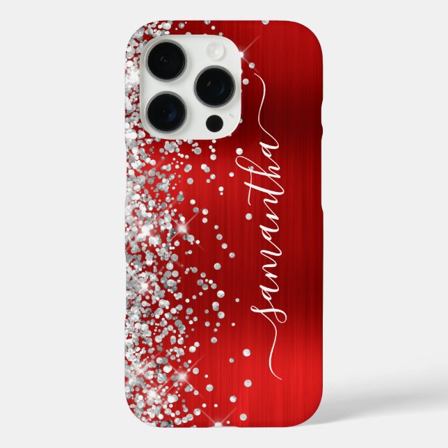 Silver Glitzer Red Metallic Girly Signature iPhone 16 Pro Hülle (Rückseite)