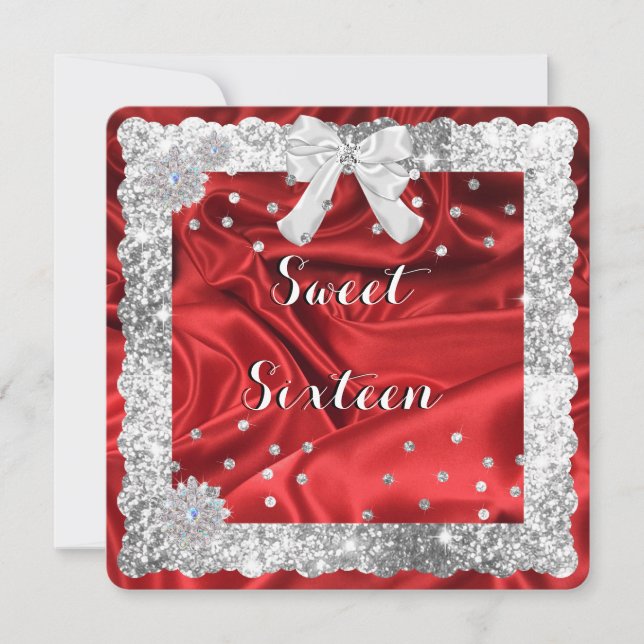 Silver Glitzer, Red Satin 16 . Geburtstag Einladun Einladung (Vorderseite)