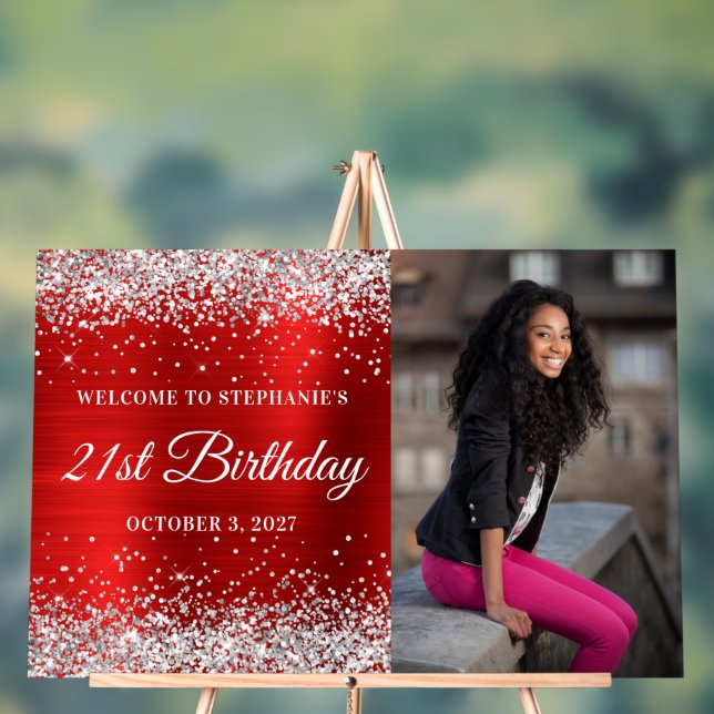 Silver Glitzer Red Willkommen 21. Geburtstag Acrylschild (Neutral)