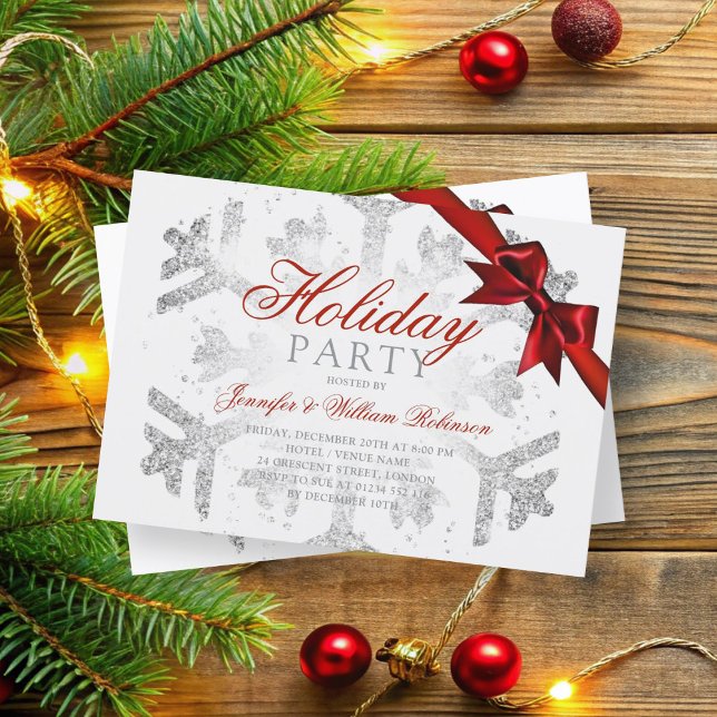 Silver Glitzer & Ribbon | Xmas Holiday Red Einladung (Silver Glitter & Ribbon | Xmas Holiday Red Invitation)