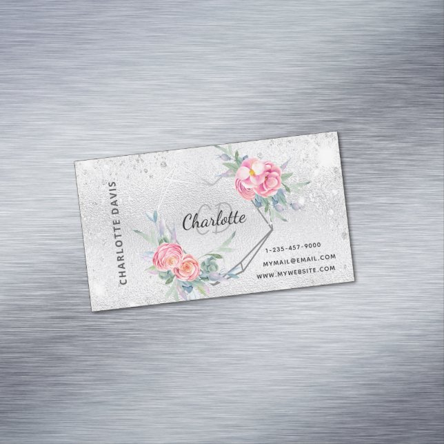 Silver Glitzer Rosa Blumenmaske Schönheit Magnetische Visitenkarte (Beispiel)