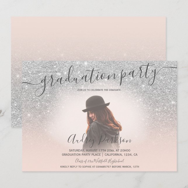 Silver Glitzer Rosa Chic Foto Abschluss Einladung (Vorne/Hinten)